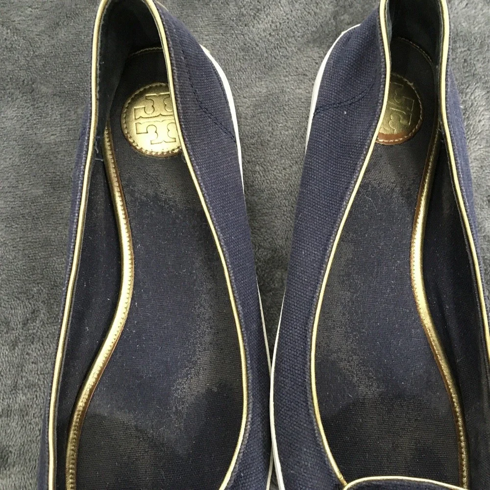 Tory Burch Marni Satin D'Orsay Flats Vintage Slip On‎ Navy Blue With Bow READ